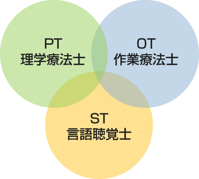 作業療法士（OT）・理学療法士（PT）・言語聴覚士（ST）の連携をイメージした図