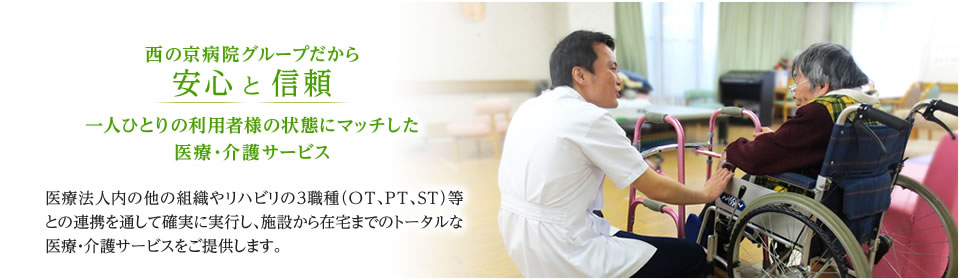 西の京病院グループだから安心 と 信頼 一人ひとりの利用者様の状態にマッチした医療・介護サービス 医療法人内の他の組織やリハビリの３職種（OT、PT、ST）等との連携を通して確実に実行し、施設から在宅までのトータルな医療・介護サービスをご提供します。