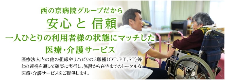 西の京病院グループだから安心 と 信頼 一人ひとりの利用者様の状態にマッチした医療・介護サービス 医療法人内の他の組織やリハビリの３職種（OT、PT、ST）等との連携を通して確実に実行し、施設から在宅までのトータルな医療・介護サービスをご提供します。